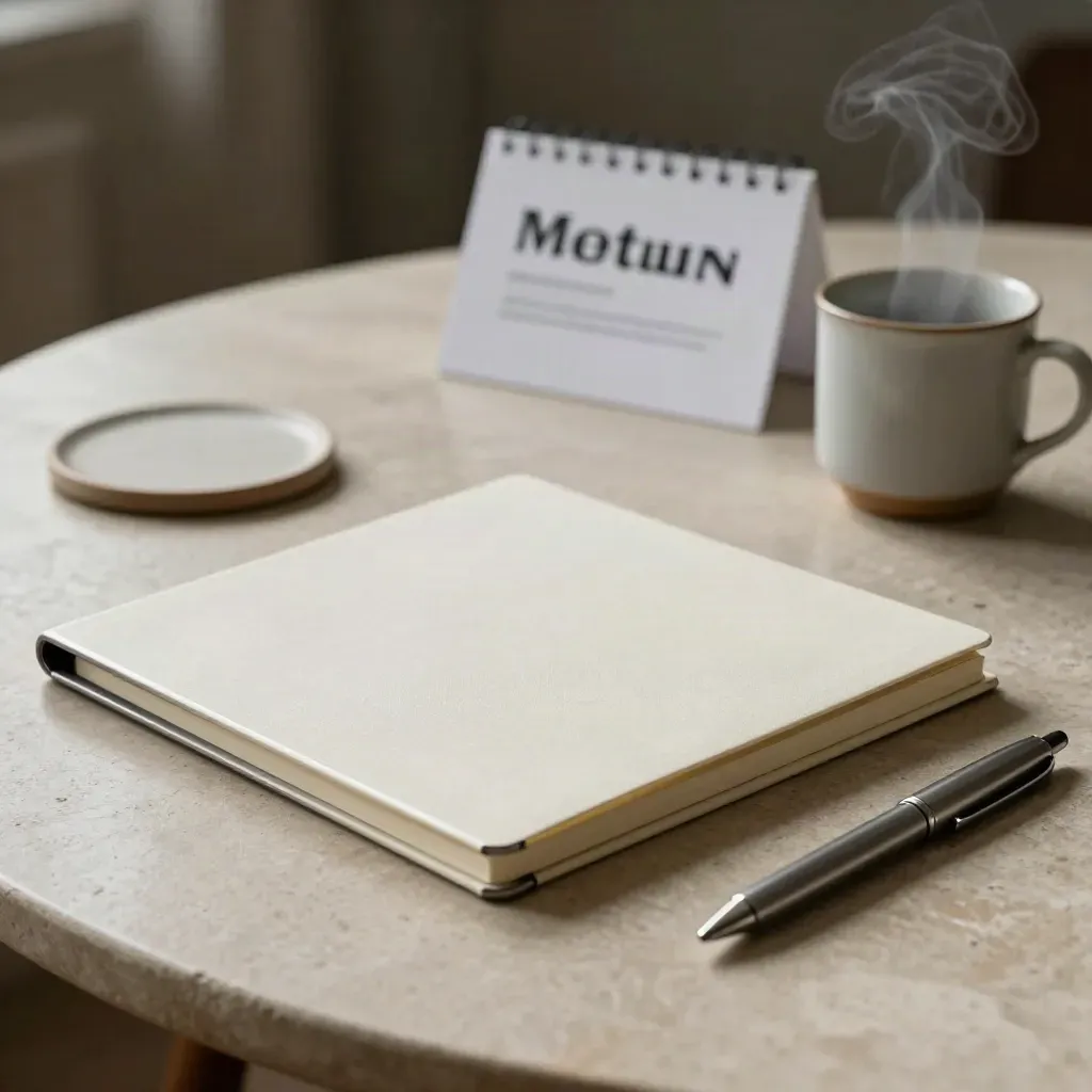 Zamknięty tablet, notes, kubek i długopis na jasnym kamieniu w ciemnym studio.